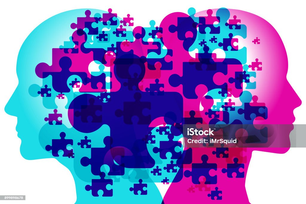 Missing Thoughts A male and female side silhouette positioned back to back, overlaid with various semi-transparent jigsaw puzzle shapes. Jigsaw Puzzle stock vector