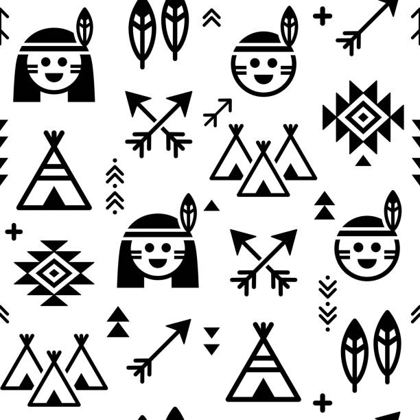 ilustraciones, imágenes clip art, dibujos animados e iconos de stock de indio vector de patrones sin fisuras para chicos y chicas, fondo indígena con indios y flechas - asian ethnicity pattern textile seamless