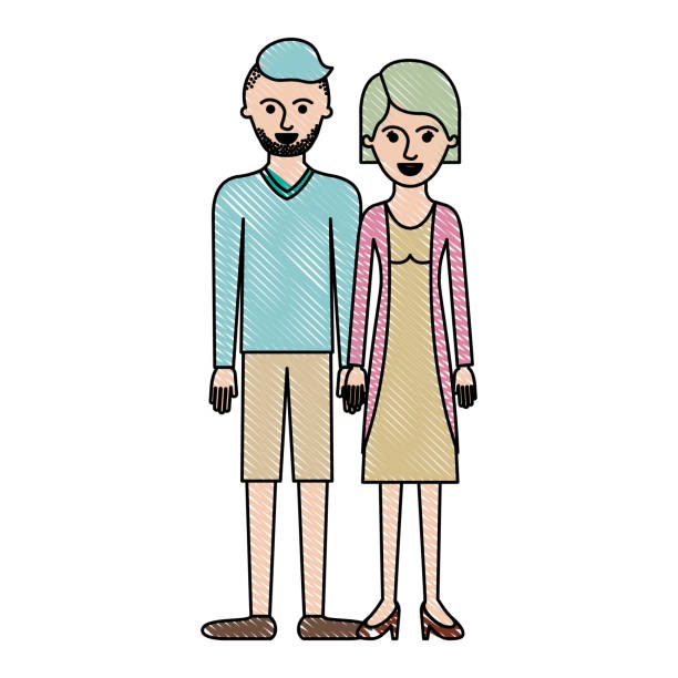 ilustrações, clipart, desenhos animados e ícones de casal em silhueta creiom coloridas e ele com manga longa t-shirt e short calças e sapatos com alta desaparecer corte de cabelo e barba barba e ela com a blusa, jaqueta e saia e calcanhar sapatos com cabelo curto - tall short men women