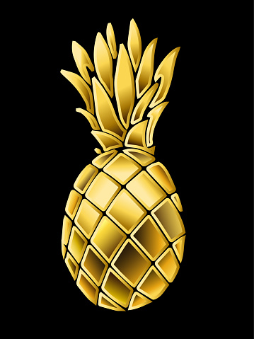 Gold pineapple in 3d styles. Realistic vector illustration.