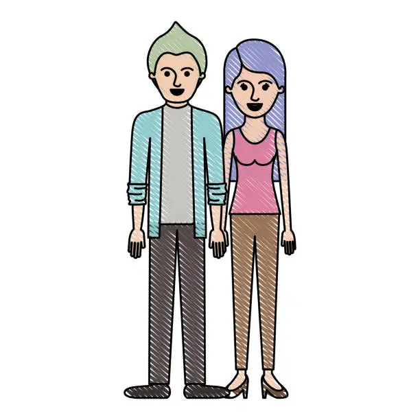 Vector illustration of couple in colored crayon silhouette and him with shirt and jacket and pants and shoes with short hair and her with t-shirt sleeveless and pants and heel shoes with long straight hair