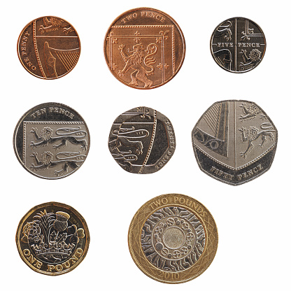 Full range of British coins money (GBP), currency of United Kingdom, from 1 Penny to 2 Pounds isolated over white background