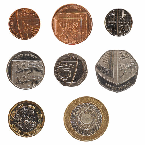 Full range of coins of United Kingdom isolated over white Full range of British coins money (GBP), currency of United Kingdom, from 1 Penny to 2 Pounds isolated over white background one pound coin uk coin british currency stock pictures, royalty-free photos & images