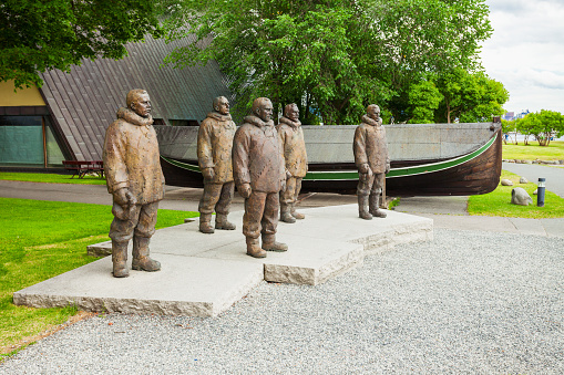 Roald Amundsen and his crew monuments at the Fram Museum, a museum of Norwegian polar exploration. Fram Museum located on Bygdoy in Oslo, Norway.