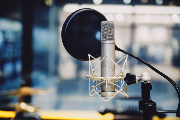 Microphone in radio station broadcasting studio,2017 2017，Studio, Recording Studio, Microphone, Sound Recording Equipment, Radio Station volume knob photos stock pictures, royalty-free photos & images