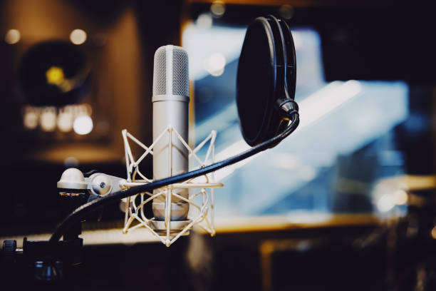 Microphone in radio station broadcasting studio,2017 2017，Studio, Recording Studio, Microphone, Sound Recording Equipment, Radio Station volume knob photos stock pictures, royalty-free photos & images