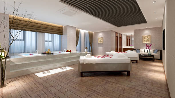 3d render of luxury spa and massage room - massage table imagens e fotografias de stock