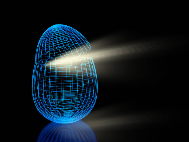 abstract futuristic egg with light beam - eggs cracked opening fragile imagens e fotografias de stock