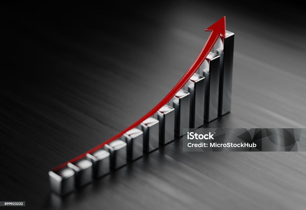 Business Growth Bar On Black Wood Surface Metallic business growth bar and a red arrow on black wood background. Horizontal composition with selective focus and copy space. Return on Investment Stock Photo