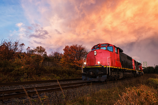 A diesel freight train in sunset light.