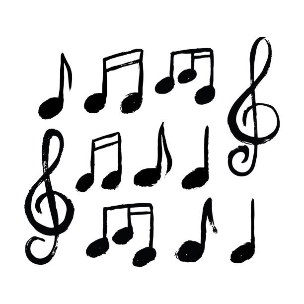 набор значков нот нот - musical note treble clef sheet music key signature stock illustrations