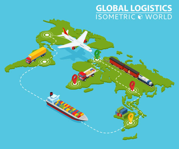 ilustrações de stock, clip art, desenhos animados e ícones de global logistic isometric vehicle infographic. ship cargo truck van logistics service. import export chain. ensured deliveries drawing. distribute objects shipment vector. fast delivery shipping - globe occupation working world map
