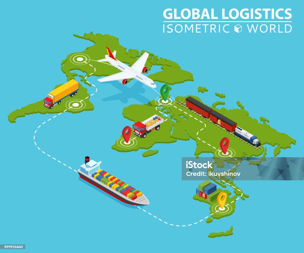 Global Logistic Isometric Vehicle Infographic. Ship Cargo Truck Van Logistics Service. Import Export Chain. Ensured Deliveries Drawing. Distribute Objects Shipment Vector. Fast Delivery Shipping Isometric Projection stock vector