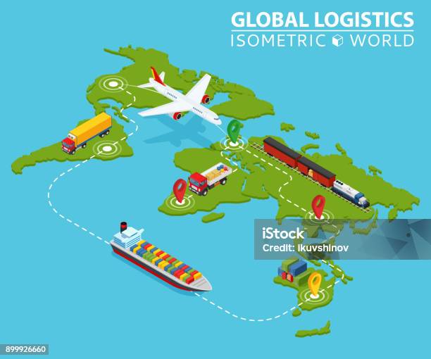 Global Logistic Isometric Vehicle Infographic Ship Cargo Truck Van Logistics Service Import Export Chain Ensured Deliveries Drawing Distribute Objects Shipment Vector Fast Delivery Shipping Stock Illustration - Download Image Now