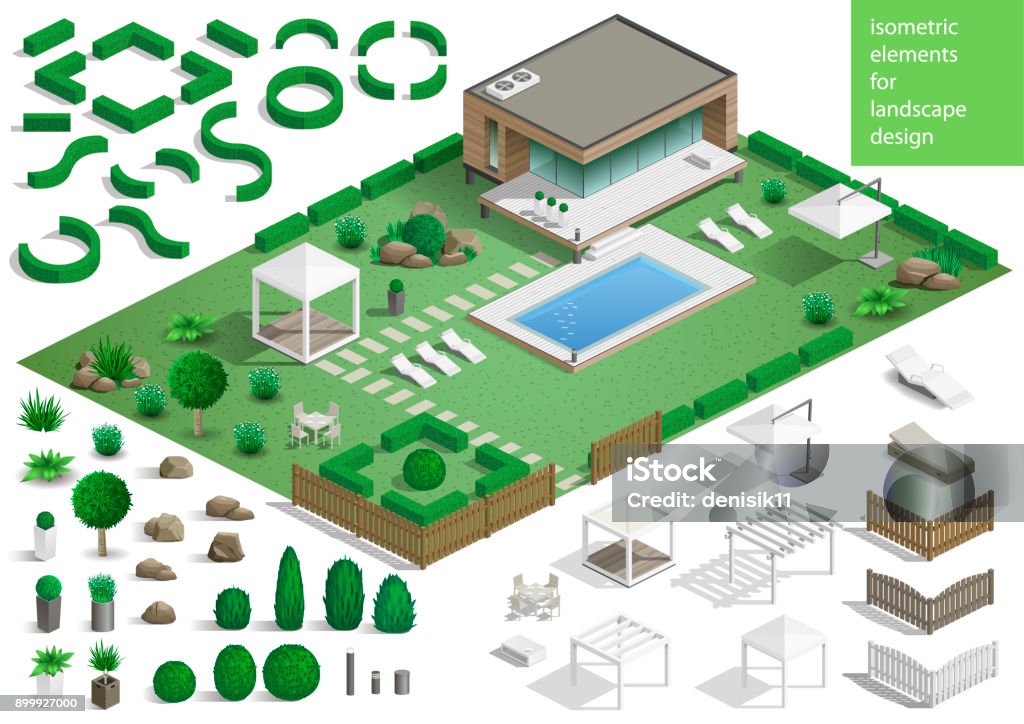 Constructor for the surrounding area Constructor for the surrounding area. Set of landscape elements stones and plants for the design of the garden or the park. Vector graphics. Architectural isometrics Isometric Projection stock vector