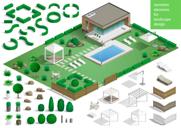 Constructor for the surrounding area Constructor for the surrounding area. Set of landscape elements stones and plants for the design of the garden or the park. Vector graphics. Architectural isometrics garden stock illustrations