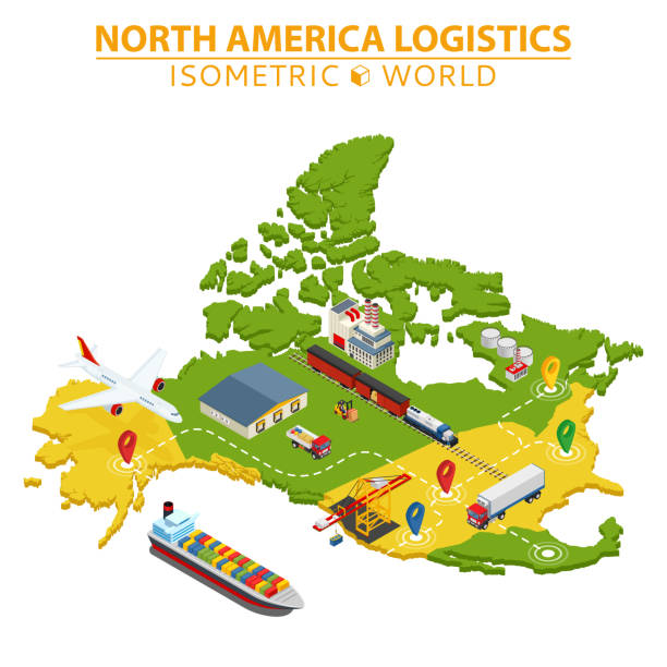 nordamerika-transport und logistik. lieferung und versand infografik elemente. - map usa north america canada stock-grafiken, -clipart, -cartoons und -symbole