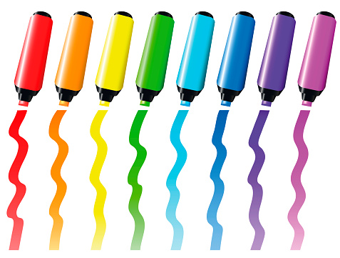 Highlighter - colored marker set with strokes to draw attention - eight different bright, fluorescent ink colors - red, orange, yellow, green, turquoise, blue, purple, pink - vector over white.