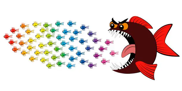 Vector illustration of Predatory fish chasing shoal of fish - comic illustration.