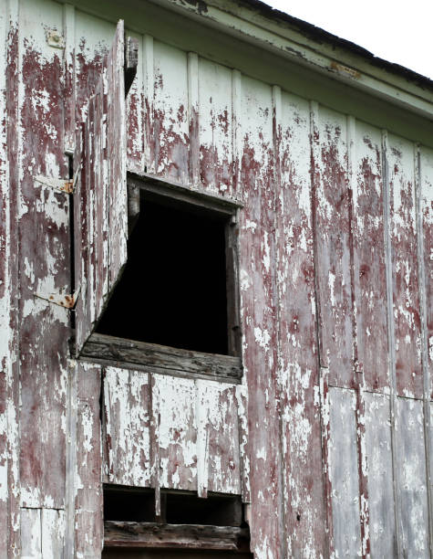 istock Wall section of old barn with open hay loft door and peeling paint. 899947064