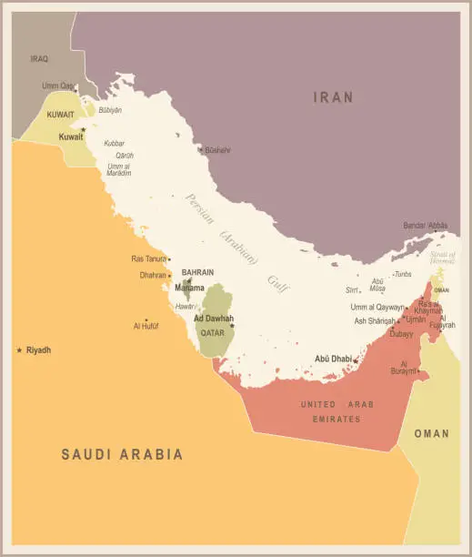 Vector illustration of Persian Gulf Map - Vintage Vector Illustration