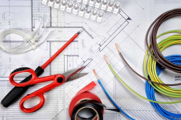 istock Top view of components and electrical equipment placed on the house project 899954850