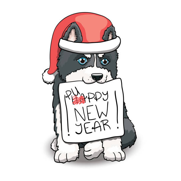 Husky Puppy Sitting Holding Happy New Year Sign. Cartoon Character Illustration Husky Puppy Sitting Holding Happy New Year Sign. Cartoon Character Illustration finnish hound stock illustrations