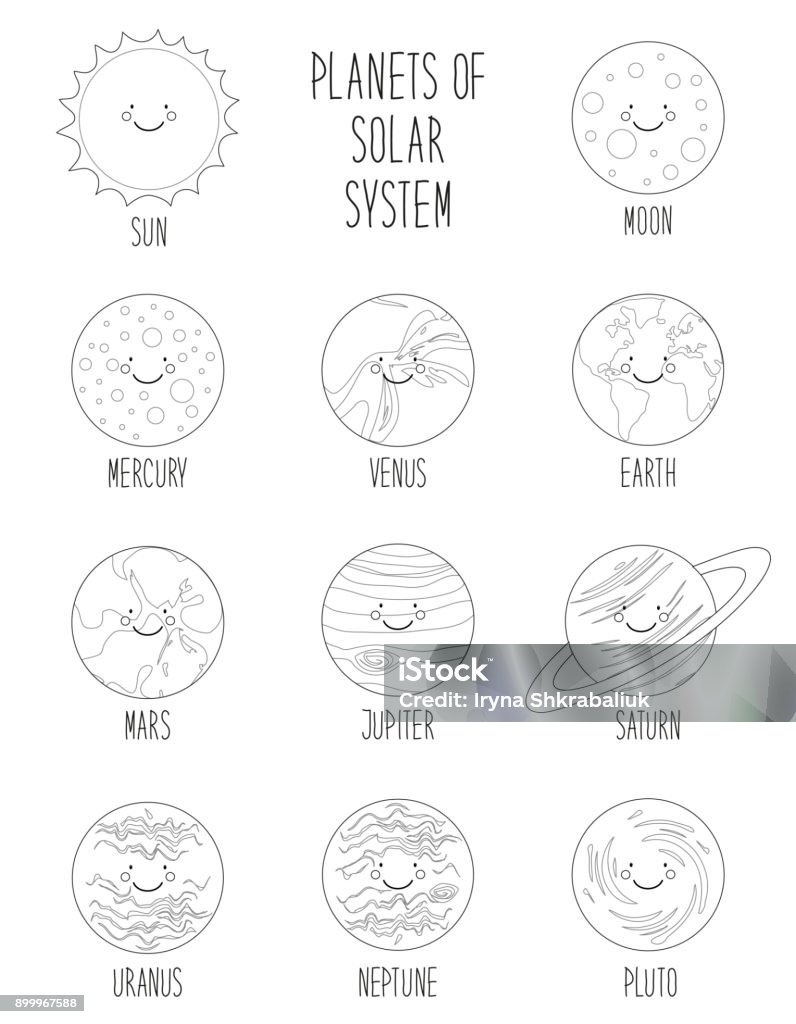 Cute coloring pages of smiling cartoon characters of planets of solar system. Childish background Cute coloring pages of smiling cartoon characters of planets of solar system, can be used for kids education as cards, banners. Childish background Planet - Space stock vector