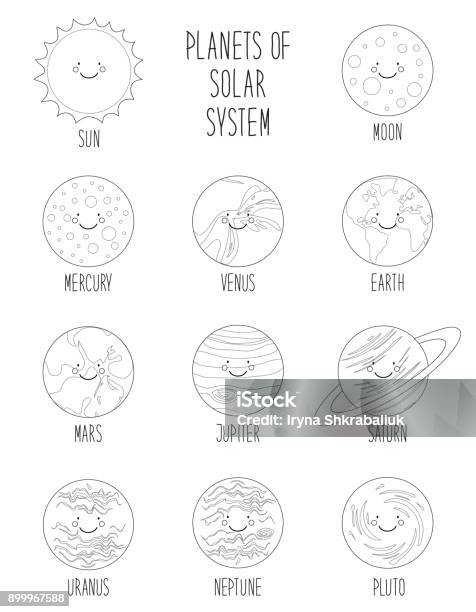 Cute Coloring Pages Of Smiling Cartoon Characters Of Planets Of Solar System Childish Background Stock Illustration - Download Image Now
