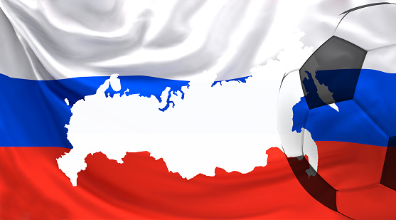white soccer football ball. Russia russian map and flag. 3d rendering. Elements of this image furnished by NASA.
