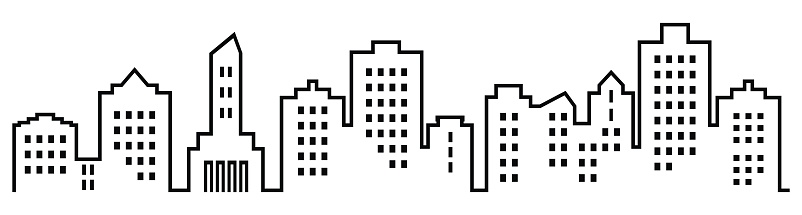 Sillhouette of town, group of houses with windows. Black and white icon. Vector icon. Lots of high-rise houses.