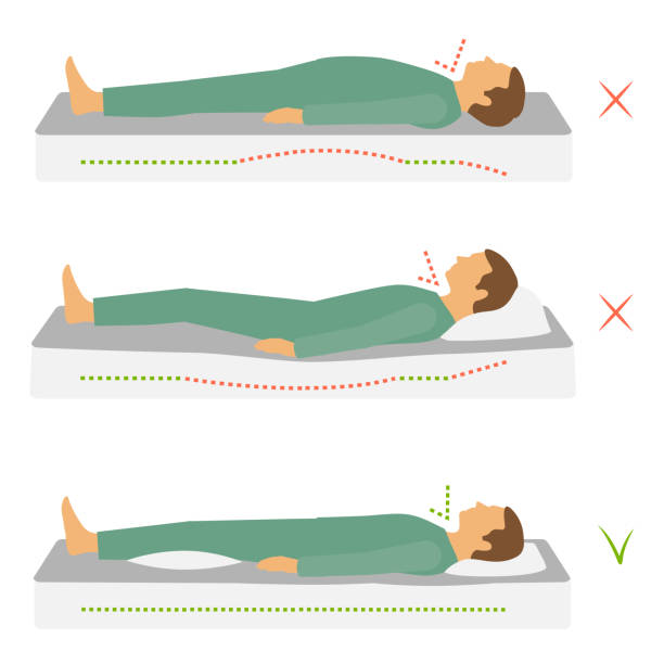 sleeping correct health body position sleeping correct health body position, spine neck pain, man reclining stock illustrations