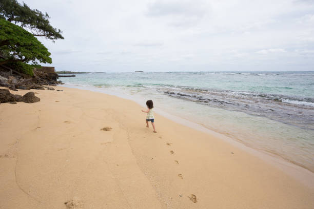 Lifestyle portrait of a young three year old girl playing on the beach in Oahu Hawaii.