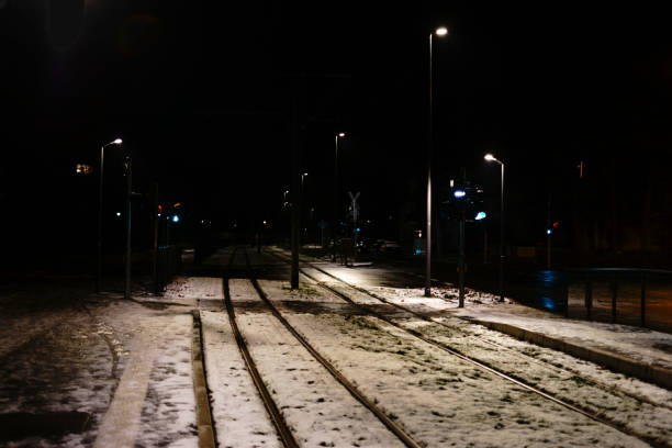 istock Tram rails in the night 900024580