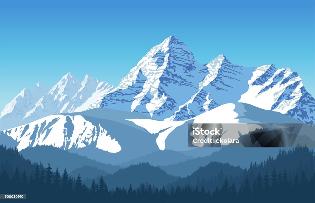 Vektor alpine Landschaft mit schneebedeckten Gipfeln - Lizenzfrei Berg Vektorgrafik