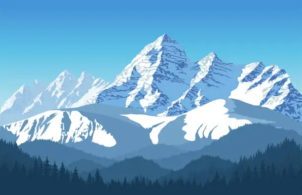 Vector illustration of vector alpine landscape with peaks covered by snow