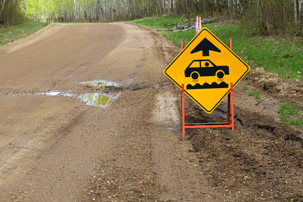 istock A bumpy road ahead sign with a large pothole 900071320