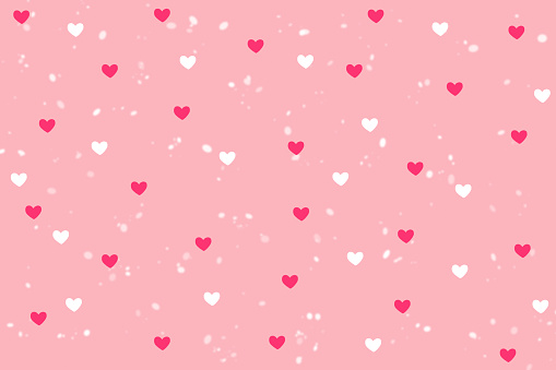 Pink and white heart shape with snowfall background on sweet pink wallpaper with copy space. Illustration raster pattern love theme on Valentine's day concept can apply for product display and other.