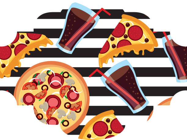 frame with pizza and soda pattern background frame with pizza and soda pattern background vector illustration design pizza place stock illustrations