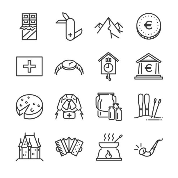 ilustraciones, imágenes clip art, dibujos animados e iconos de stock de conjunto de iconos de suiza. incluye los iconos como perro de rescate, leche, chocolate, queso, alpes montaña, moneda, castillo y más. - switzerland