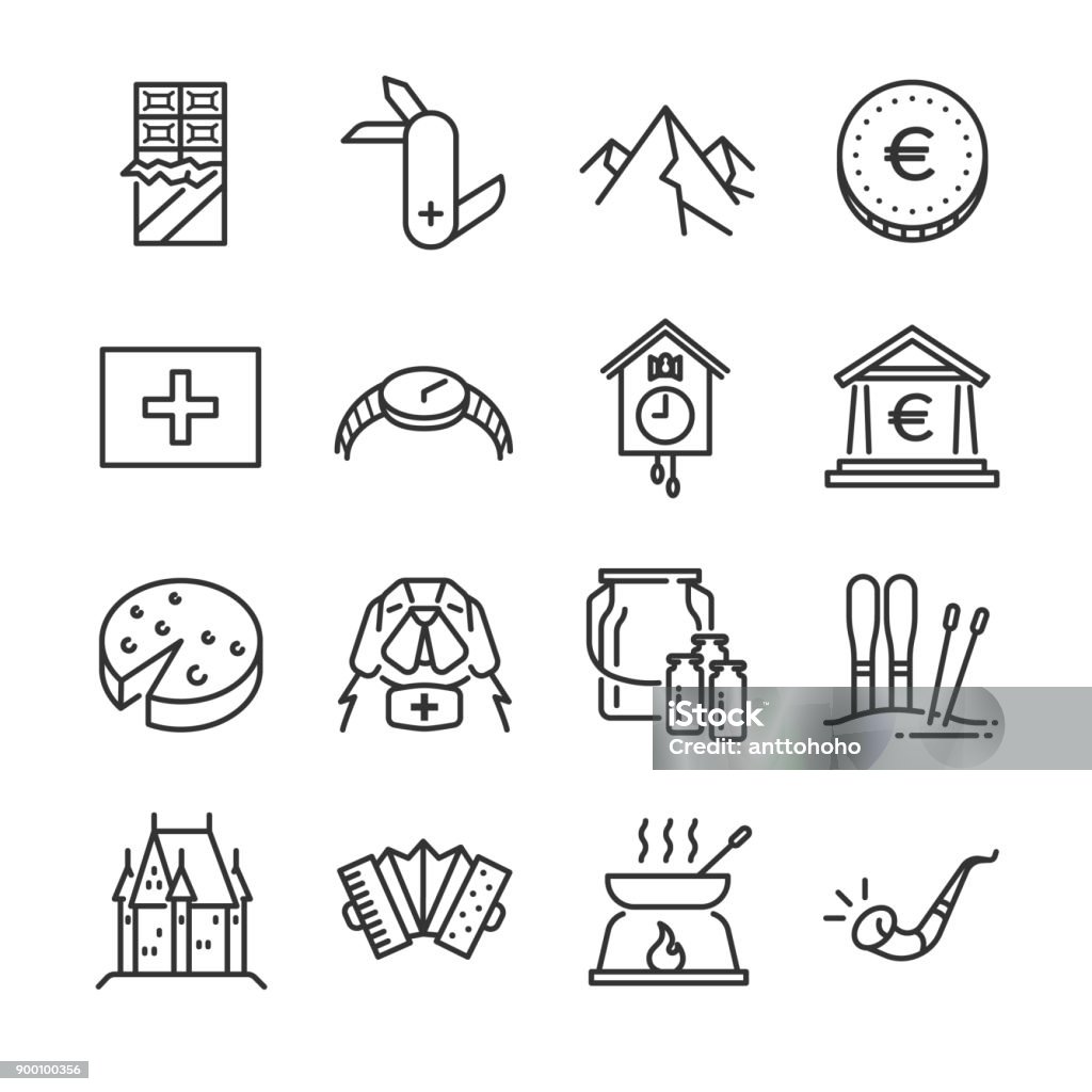 Switzerland icon set. Included the icons as rescue dog, milk, chocolate, cheese, alps mountain, euro coin, castle and more. Icon Symbol stock vector