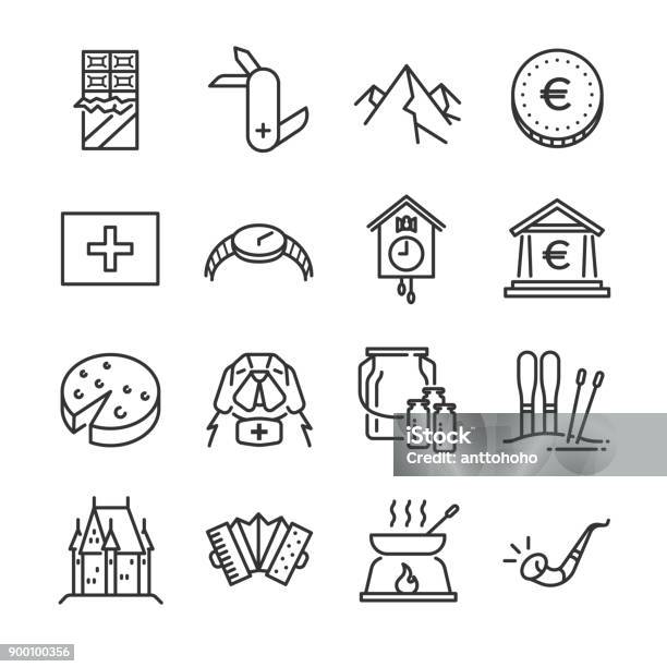 Switzerland Icon Set Included The Icons As Rescue Dog Milk Chocolate Cheese Alps Mountain Euro Coin Castle And More Stock Illustration - Download Image Now