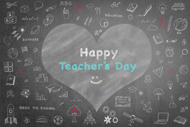istock Happy teacher's day greeting on school black chalkboard with educational doodle drawing for teacher appreciation week concept 900111872