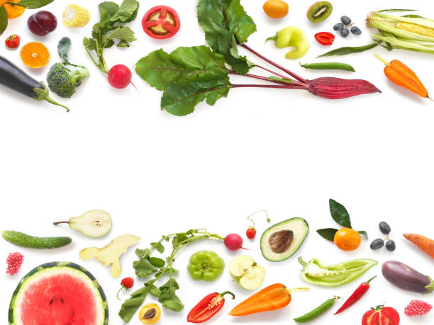 istock Various vegetables and fruits isolated on white background, top view, flat layout. 900111988
