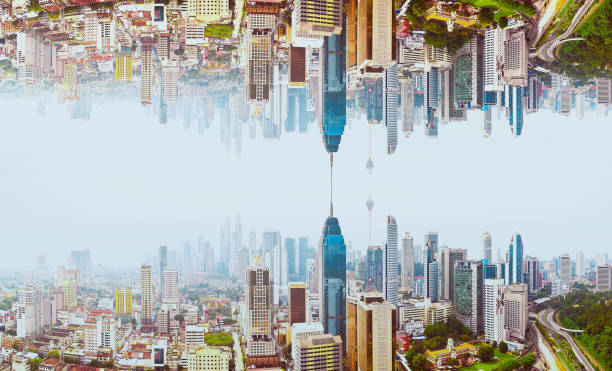 istock Abstract surreal upside down city skyline . 900114260