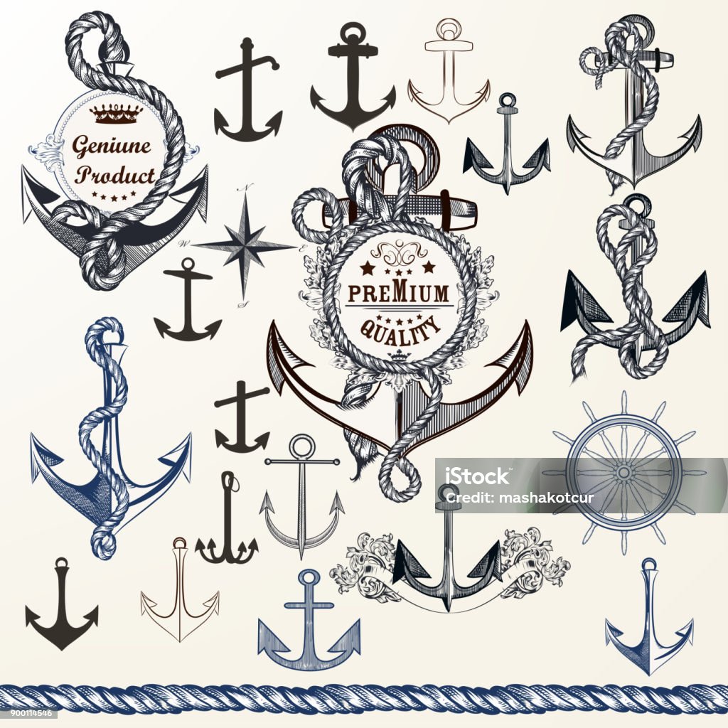 Anchors, labels for logotype or print design in vintage style. Hand drawn set Collection of anchors, labels for logotype or print design in vintage style. Hand drawn set Rope stock vector