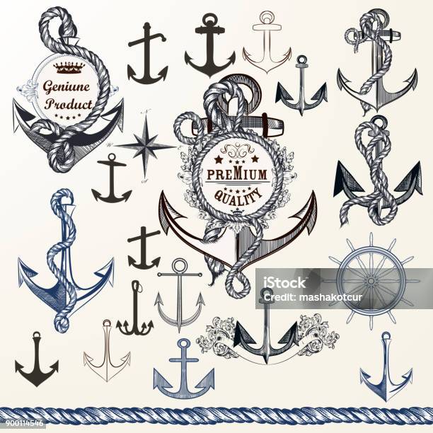 Anchors Labels For Logotype Or Print Design In Vintage Style Hand Drawn Set Stock Illustration - Download Image Now