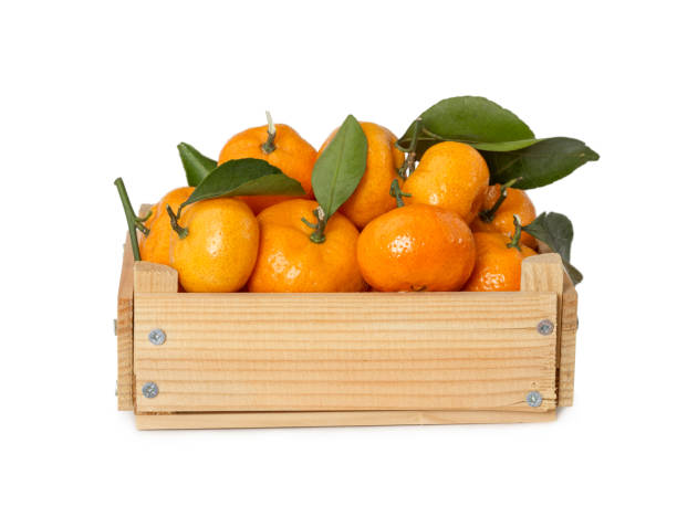 istock Wooden box with fresh mandarins 900114696