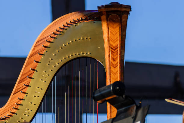 istock Bronze harp with multi-colored strings and music stand for notes close-up 900115718