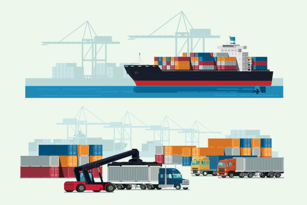 illustrazioni stock, clip art, cartoni animati e icone di tendenza di camion logistico cargo e nave portacontainer per il trasporto con industria di trasporto all'esportazione di importazioni di gru funzionanti. vettore illustrazione - harbor